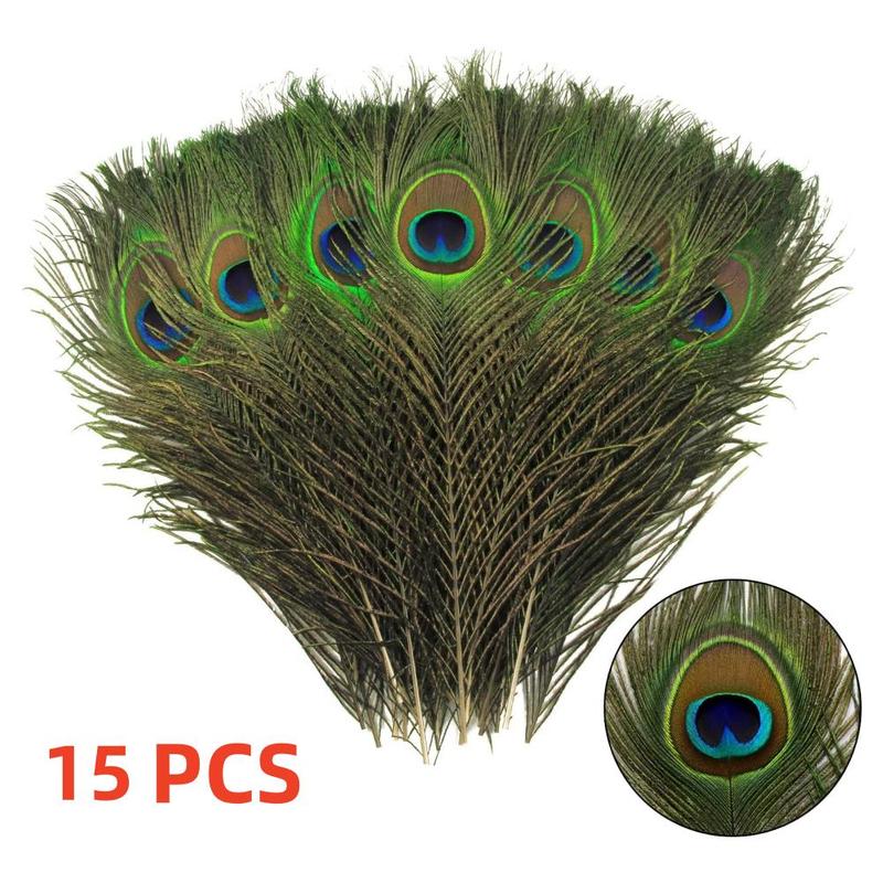 Artificial Peacock Feather (15pcs), Faux Feather for DIY Flower Arrangement, Home Decor Supplies for Living Room, Bedroom, Office Desk, Bookshelf, Window, Table, Plant Pot