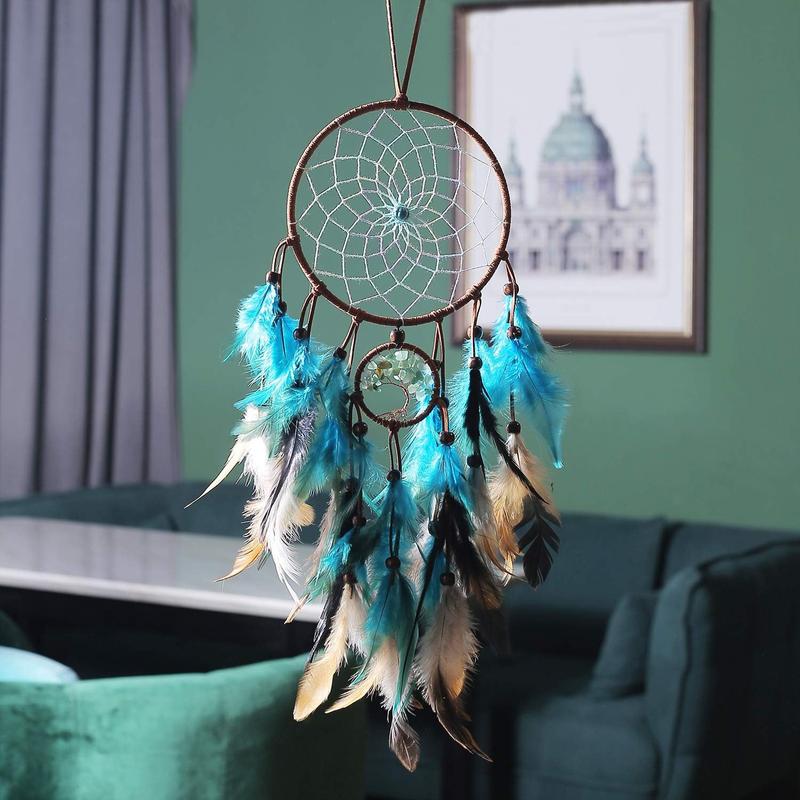 Dream Catchers with Tree of Life and Teal Feather Indian Handmade Dreamcatchers for Boho Wall Hanging Decoration, Ornament Festival Gift (Green Tree of Life)