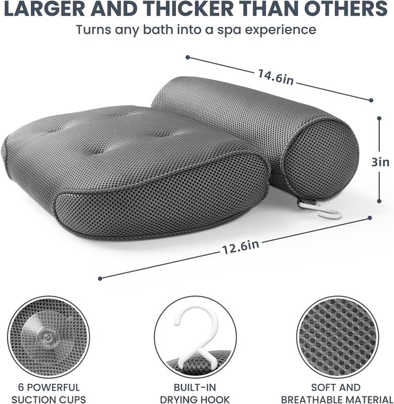 Bath Pillow Bathtub Pillow with 6 Non-Slip Suction Cups,14.6x12.6 Inch, Extra Thick and Soft Air Mesh Pillow for Bath - Fits All Bathtub, Grey