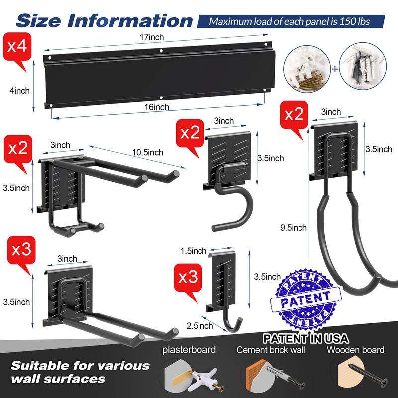 Sttoraboks Heavy Duty Garage Storage Organizer Rack System, Wall Mounted Tool Rack with 12 Double Hooks, 4 Rails, and Hangable Steel Garden Tool Rack