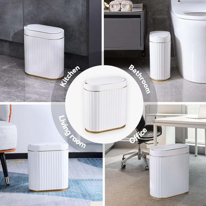 Automatic Motion Sensor Trash Can - 2 Gallon Slimline for Bathroom, Bedroom, Kitchen, Office - White with Gold Trim