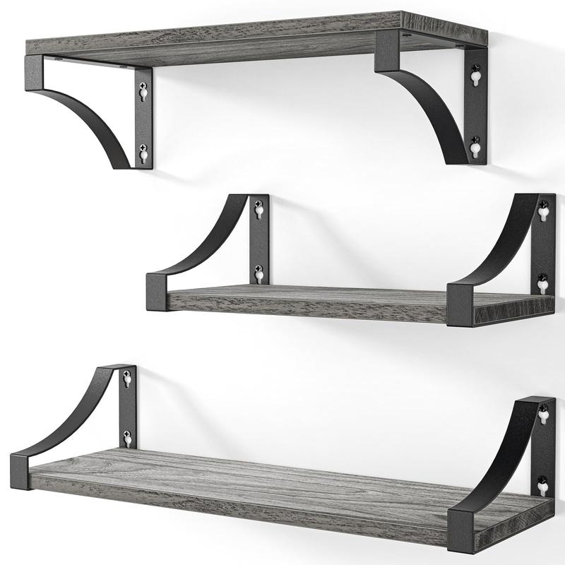 Wall Shelves Set of 3 , Floating Shelves Hold up to 55lbs , Rustic Wood Wall Shelves for Bedroom , Bathroom, Living Room , Kitchen , Storage & Decoration - Gray