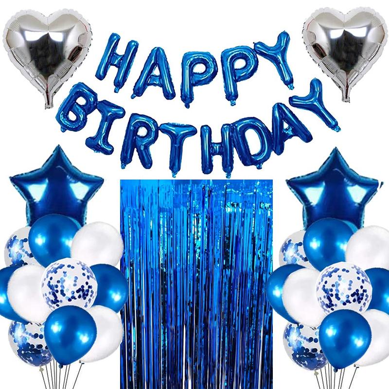 Blue Birthday Party Decorations Set with 38pcs Balloons, Confetti, Foil Balloons, Fringe Curtains for Unisex Blue Themed Events