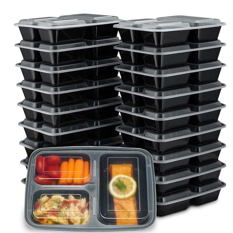 33oz Food Prep Containers [Set of 8] 3 Compartments with Lids, Food Storage Containers, Bento Boxes Lightweight, Durable, Reusable BPA Free 3 Grid Container Disposable Lunch Box - Microwave, Freezer, Dishwasher Safe - Black