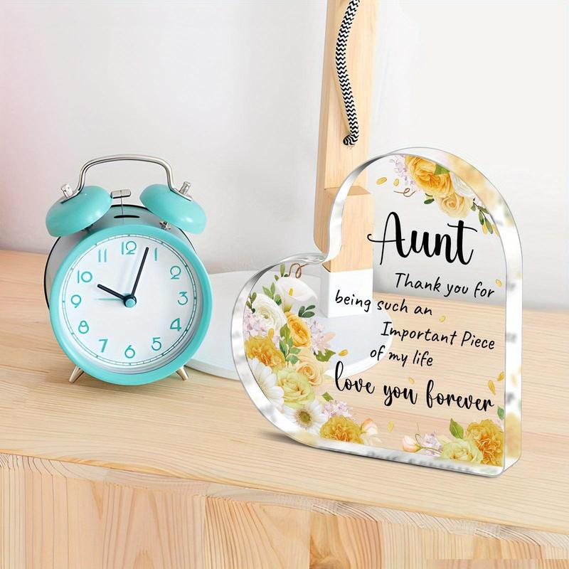 Thank for Aunt Acrylic Heart Shaped Ornament, 1 Count Flower Pattern & Letters Pattern Sign, Desktop Decoration for Home Office