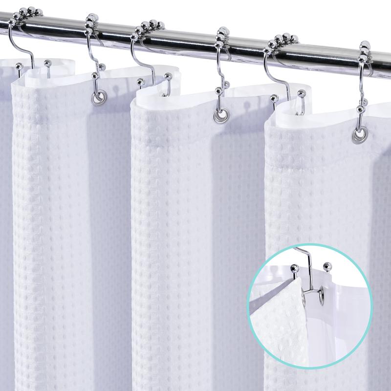 VIPfree Luxury 3 in 1 Waffle Shower Curtain and Liner Set with Double Sided Hooks - 258GSM Weighted Shower Cloth Set for Bathroom 72x72 White