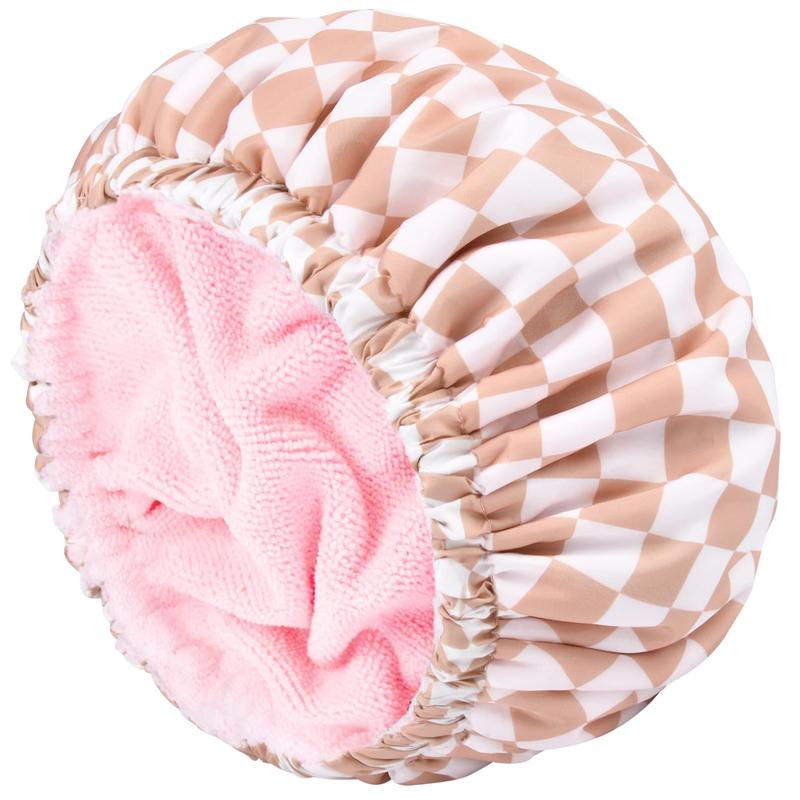 Shower Cap for Women Terry Lined Bath Cap Large Reusable Waterproof Elastic Pink Checkered Band Shower Caps for Long Thick Hair Soft Bath Shower Hair Caps