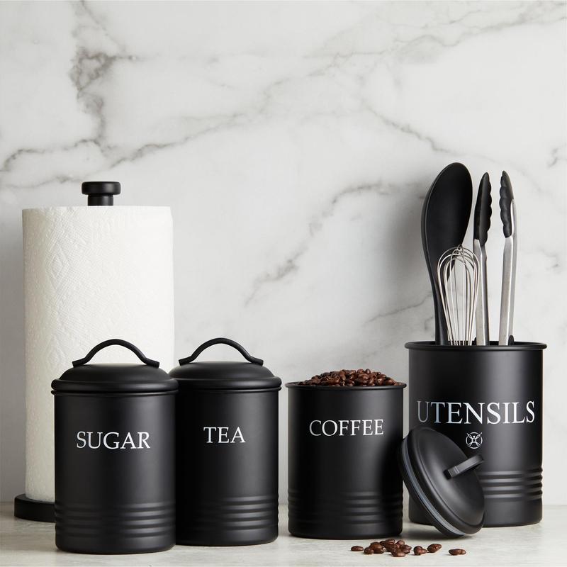 Steelware Central Kitchen Canister Set of 3 Sugar Coffee Tea, Matte Black Containers Gift Containers Gift