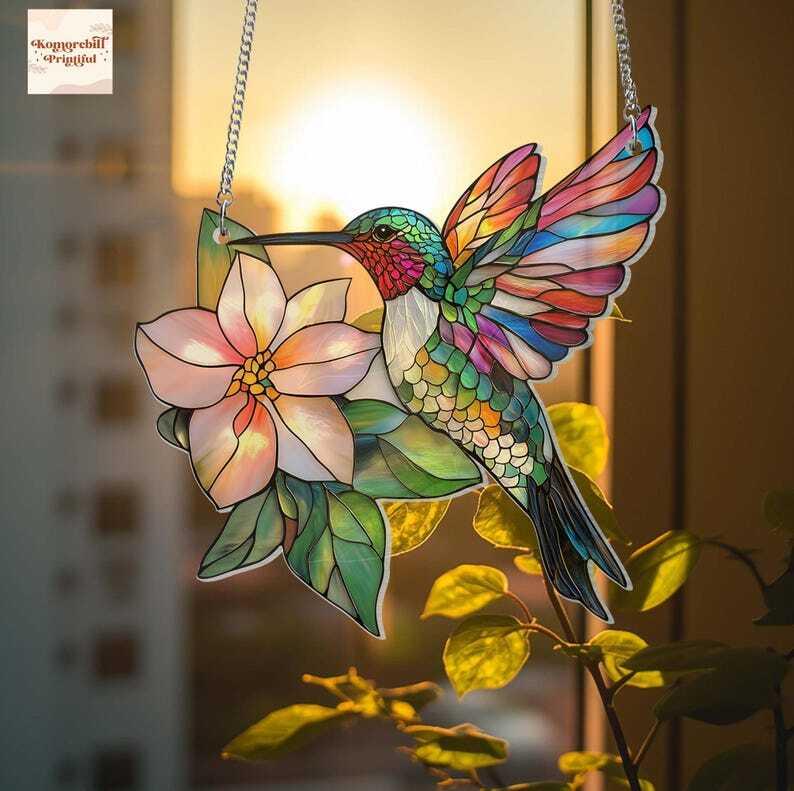 Hummingbird Window Hanging Ornament, Hummingbirds and Flowers Ornament, Home Decor Art, Wall Art, Gifts for Women