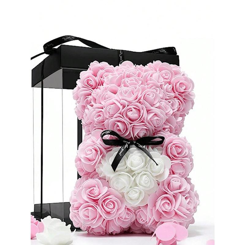 Fashion New Style Rose Bear Handmade Bear Rose Bear Teddy Bear Gift for Mothers Day Valentines Day Anniversary Bridal Showers Weddings with Clear Gift Box 10 Inch