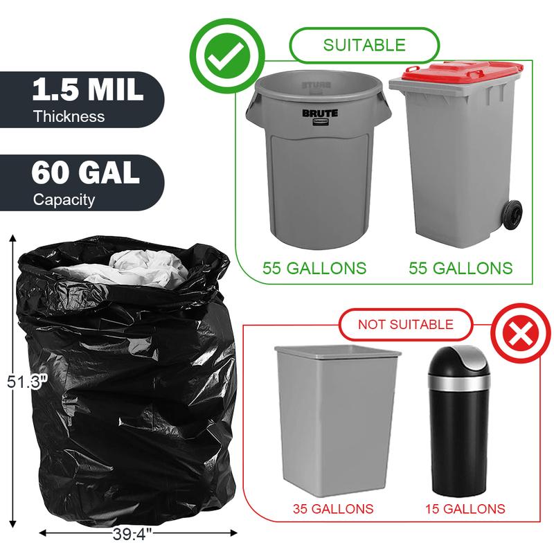 55 Gallon Trash Bags, Heavy Duty Outdoor Garbage Bags (50 Count) for Waste, Lawn and Leaf ,1.5 Mil