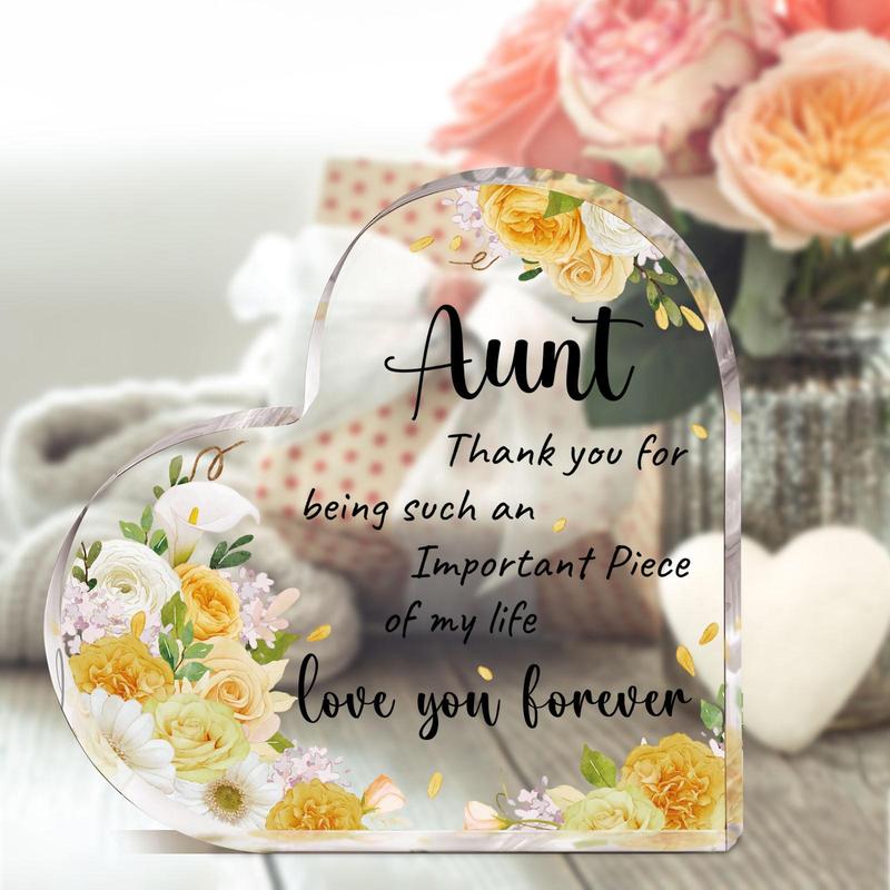 Thank for Aunt Acrylic Heart Shaped Ornament, 1 Count Flower Pattern & Letters Pattern Sign, Desktop Decoration for Home Office