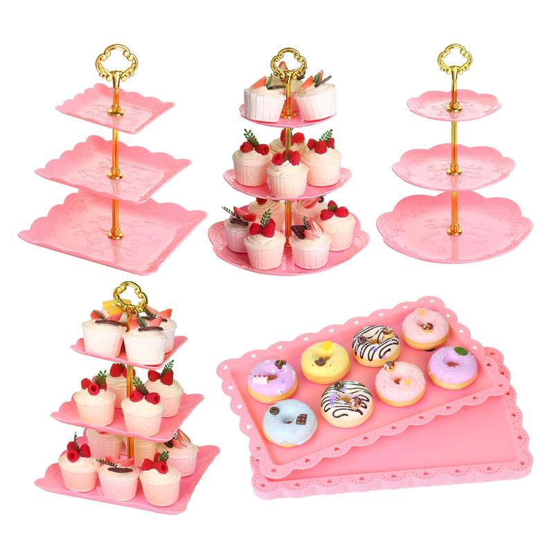 10 Pcs Dessert Table Display Set Cupcake Stand Pink Plastic Dessert Table Set 4 3 Tire Cake Display Stands with Gold Rod Cookie Tray Rack Serving Tower and 6 Trays for Wedding Baby Shower Tea Party Fruit