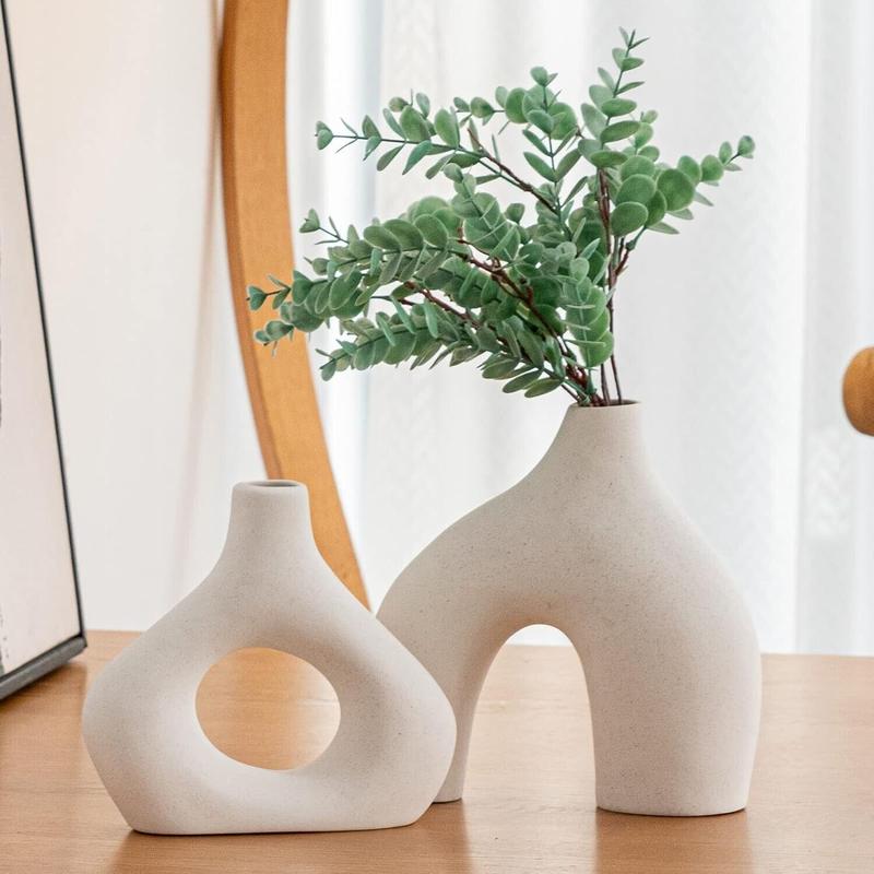 White Ceramic Vase Set of 2 for Modern Home Decor, Round Matte Donut Vases