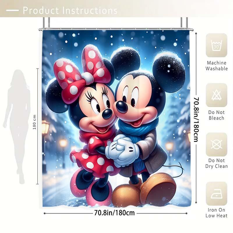 Cartoon Minnie & Mickey Pattern Shower Curtain, 1 Count Waterproof Bathroom Curtain with 12 Hooks, Bathroom Decor for Home Hotel Salon Dormitory