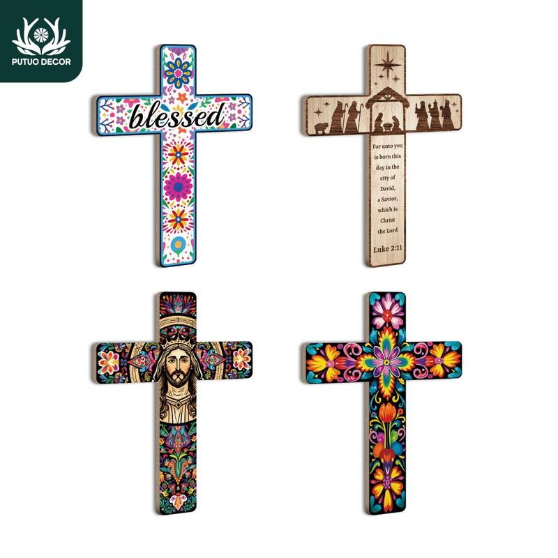 Christmas Wooden Cross Wall Decor, Blessed Letter Pattern Wall Art Decor, Wall Mounted Cross for Home Church Farmhouse, Home Decor