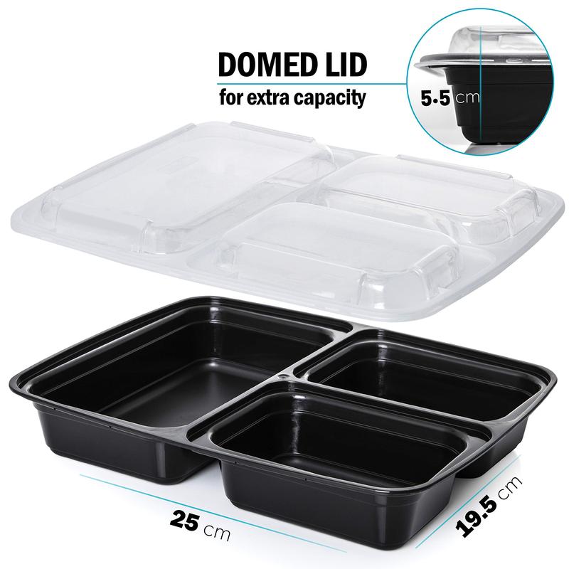 33oz Food Prep Containers [Set of 8] 3 Compartments with Lids, Food Storage Containers, Bento Boxes Lightweight, Durable, Reusable BPA Free 3 Grid Container Disposable Lunch Box - Microwave, Freezer, Dishwasher Safe - Black