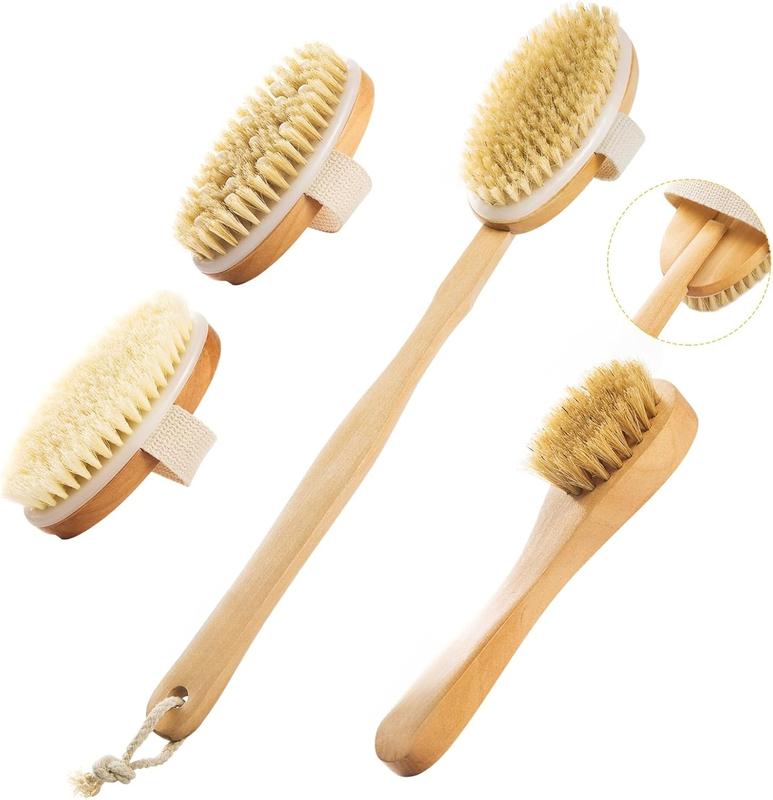 Dry Brushing Body Brush Set Wood Long Handle with 3 Detachable Heads, Face Brush,Body Scrubber Boar Bristle Exfoliator for Lymphatic Drainage and Cellulite,Back Scrubber for Shower