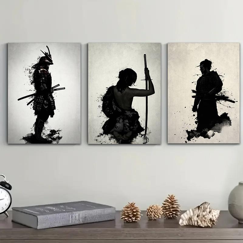 Japanese Samurai Ink Style Poster, 3 Counts Canvas Painting without Frame, Wall Art Decor for Home Living Room Bedroom