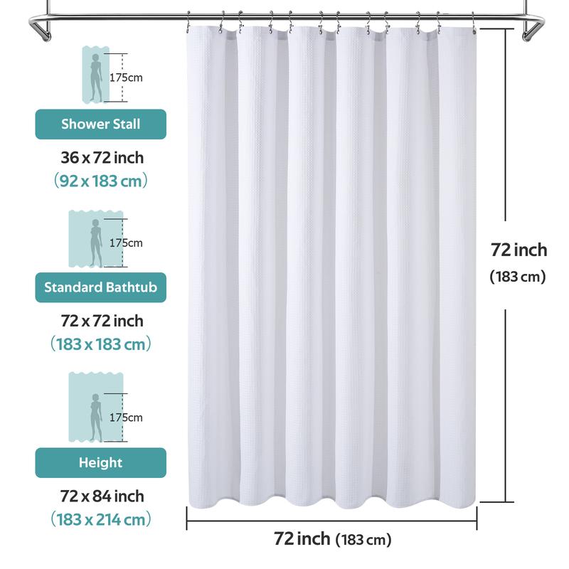 VIPfree Luxury 3 in 1 Waffle Shower Curtain and Liner Set with Double Sided Hooks - 258GSM Weighted Shower Cloth Set for Bathroom 72x72 White