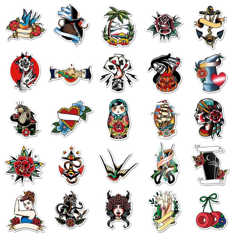 Random Color Decor Sticker, 50pcs Set Cartoon Tattoo Series Pattern Self Adhesive Decor Paper, Decor Naughty Stickers for Water Bottle Laptop Phone Decor, Scrapbook Decorative Materials