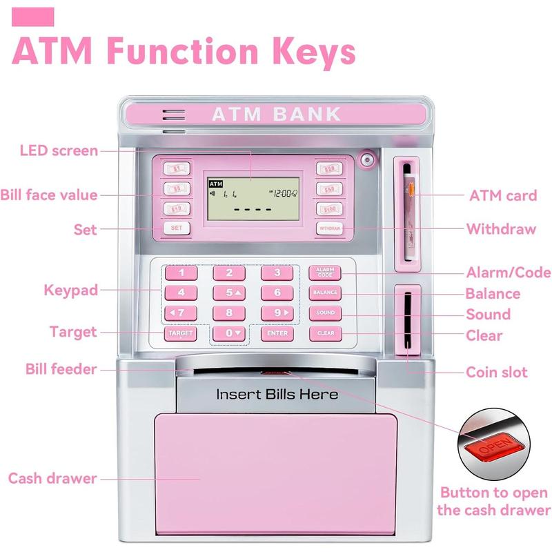 Pink Piggy Bank for Kids, ATM Machine Bank for Real Money with Debit Card, Bill Feeder, Coin Recognition, Balance Calculator, Electronic Savings Safe Box, Cool Stuff Toys Gifts for Teen Girl