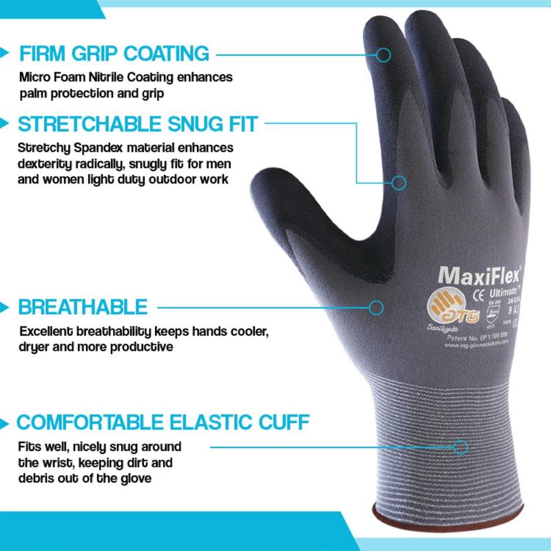 12 Pairs MaxiFlex 34-874 Grey Black Nylon Full Fingered General Purpose Gloves - Nitrile Nitrile Foam Palm & Fingers Coating - Seamless Knit (Pack of 12)