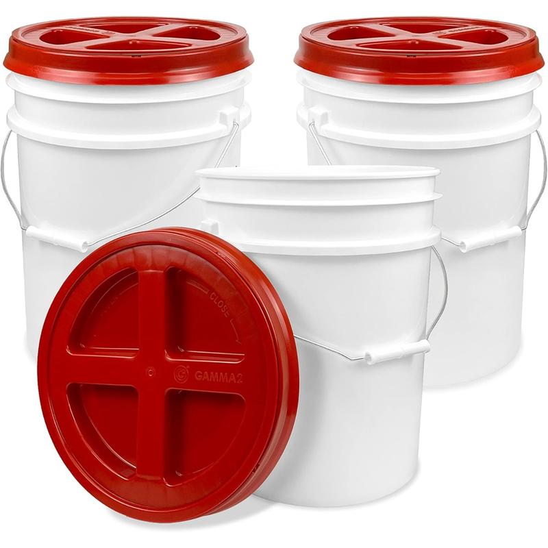 5 Gallon White Bucket with Red Gamma Seal Screw on Airtight Lid (3 Count), Food Grade Storage, Premium HPDE Plastic, BPA Free, Durable 90 Mil All Purpose Pail, Made in USA