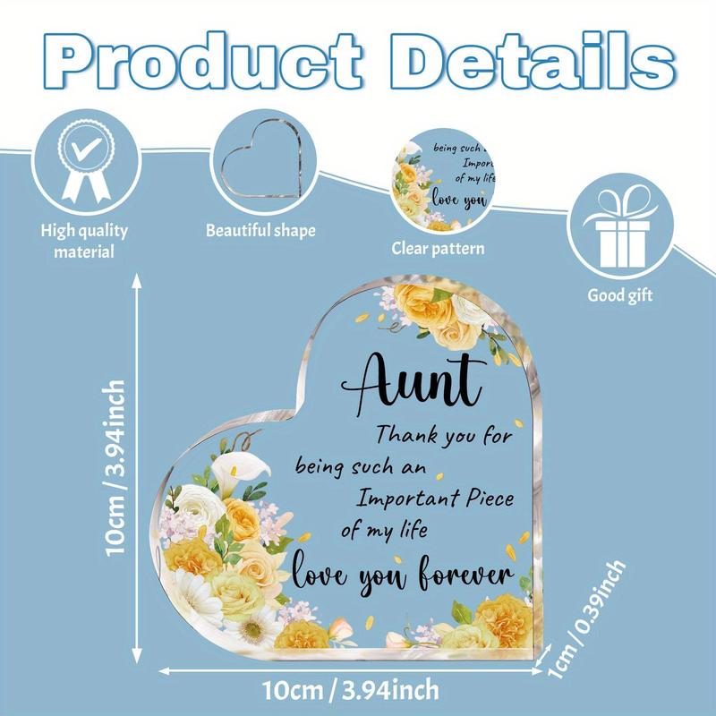 Thank for Aunt Acrylic Heart Shaped Ornament, 1 Count Flower Pattern & Letters Pattern Sign, Desktop Decoration for Home Office