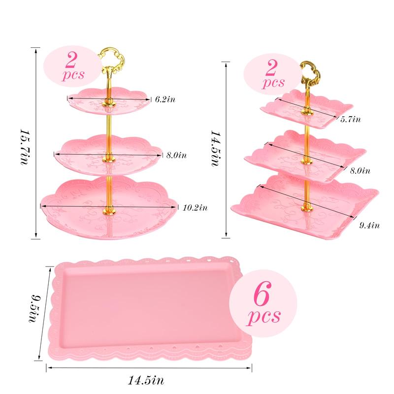 10 Pcs Dessert Table Display Set Cupcake Stand Pink Plastic Dessert Table Set 4 3 Tire Cake Display Stands with Gold Rod Cookie Tray Rack Serving Tower and 6 Trays for Wedding Baby Shower Tea Party Fruit