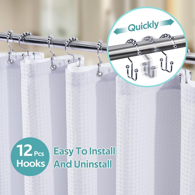 VIPfree Luxury 3 in 1 Waffle Shower Curtain and Liner Set with Double Sided Hooks - 258GSM Weighted Shower Cloth Set for Bathroom 72x72 White