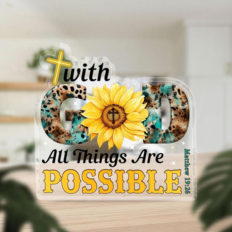 Cross & Sunflower Pattern Acrylic Ornament, Bible Verse Pattern Decorations, Prayer Room Decoration, Desk Decorations, Home Decor, Religious Gift