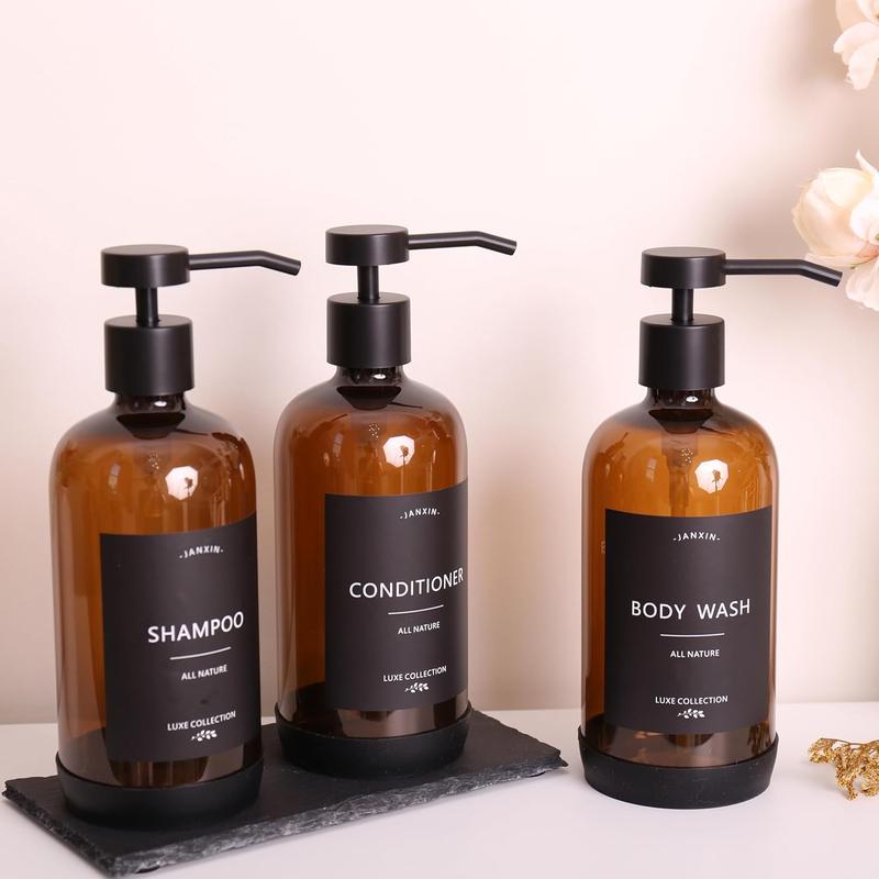 Shampoo and Conditioner Dispenser Set of 3,Refillable 21oz Shampoo Bottles with Non-Slip Protective Silicone Pad,Shower Soap Dispenser with Waterproof Labels for Bathroom (Amber) Gift Plastic Pump Glass Kitchen Hand