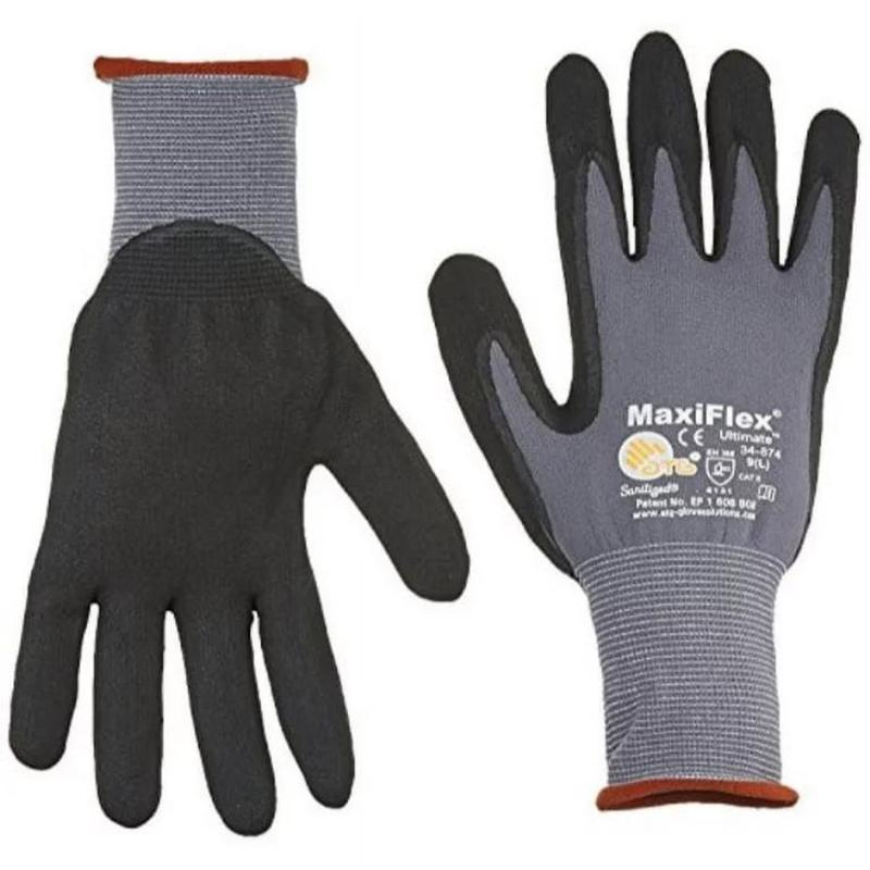 12 Pairs MaxiFlex 34-874 Grey Black Nylon Full Fingered General Purpose Gloves - Nitrile Nitrile Foam Palm & Fingers Coating - Seamless Knit (Pack of 12)