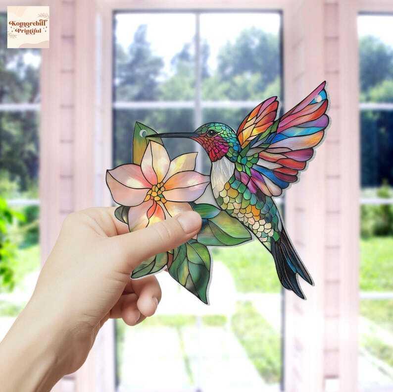 Hummingbird Window Hanging Ornament, Hummingbirds and Flowers Ornament, Home Decor Art, Wall Art, Gifts for Women