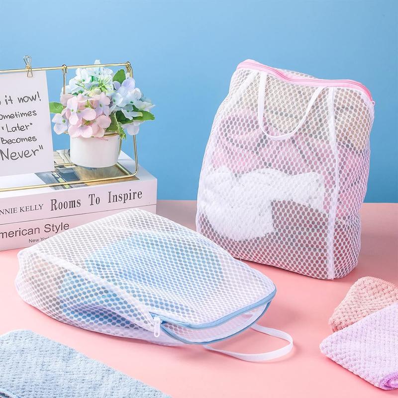 Mesh Laundry Bags with Handle 12 x 8 Inch Socks Bag for Washing Machine Delicate Laundry Bag for Washing Lingerie Wash Bag for Items Lingerie Travel Garment, Pink and Blue(2 Pcs)