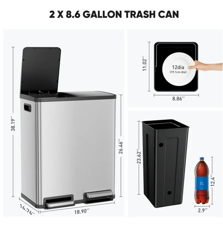 Sweetcrispy - 2 x 8.3 Gallon Double Trash Can with Soft Lid 2 Inner Lid Kitchen Plastic, Stainless Steel, Modern, Durable, Space Saving