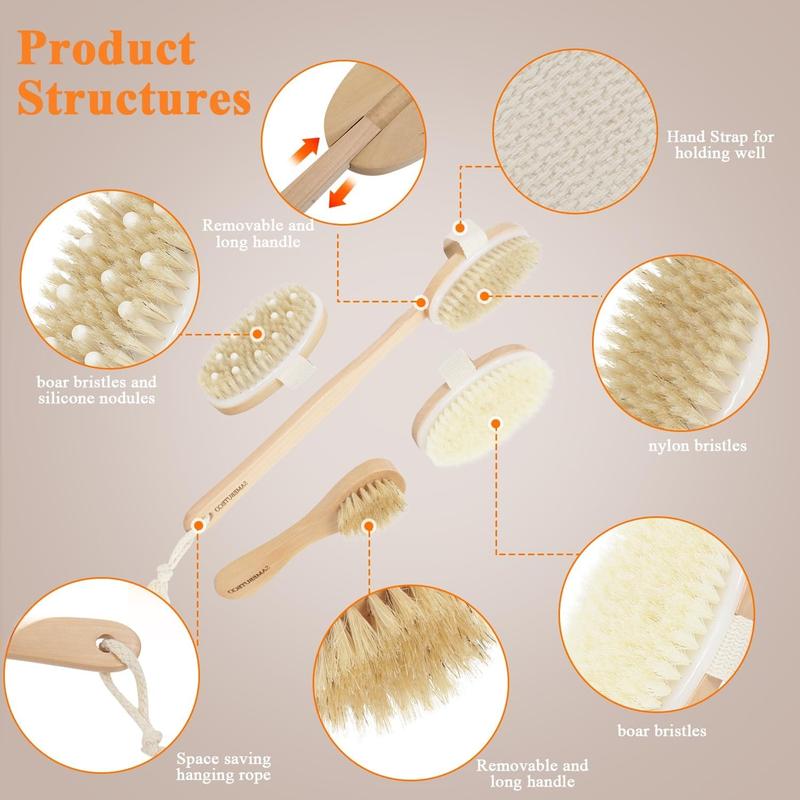 Dry Brushing Body Brush Set Wood Long Handle with 3 Detachable Heads, Face Brush,Body Scrubber Boar Bristle Exfoliator for Lymphatic Drainage and Cellulite,Back Scrubber for Shower