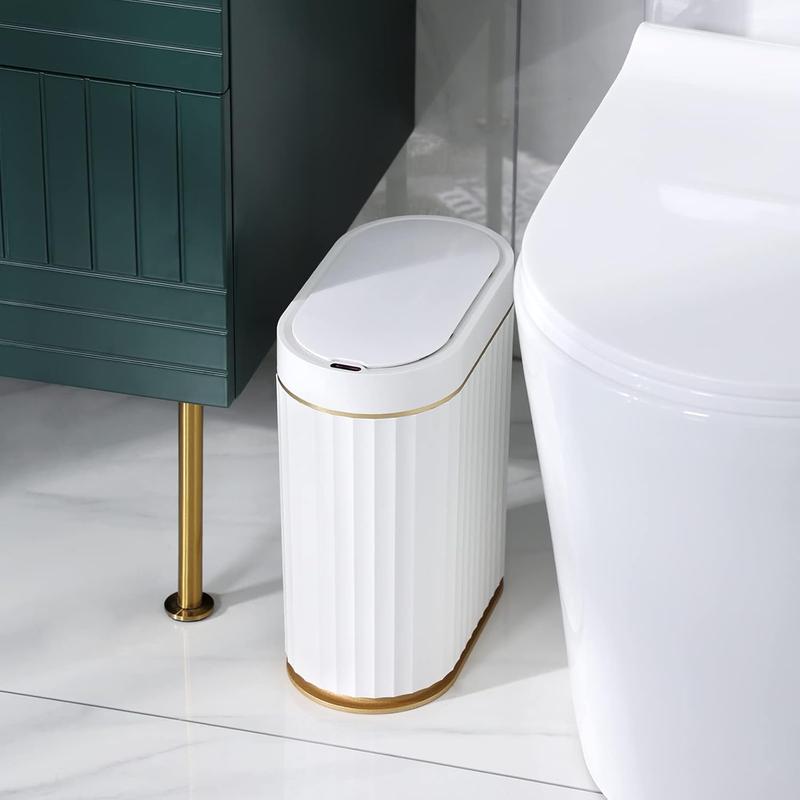 Automatic Motion Sensor Trash Can - 2 Gallon Slimline for Bathroom, Bedroom, Kitchen, Office - White with Gold Trim