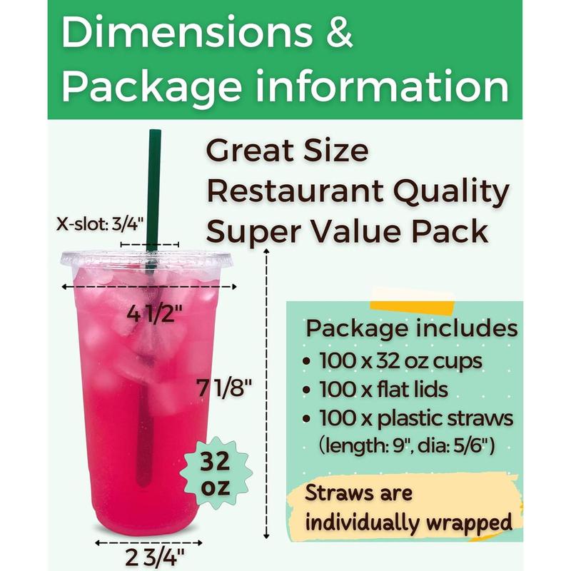 [100 Sets] 32 oz Clear Plastic Cups with Lids and STRAWS, Disposable Party Cups for To Go Iced Coffee Cold Drinks, Smoothie, Juice, Parfait, Frappuccino, Milkshake. No Leaking Fruit Cup