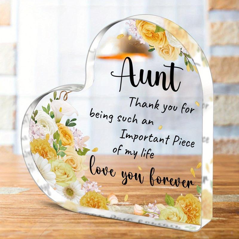 Thank for Aunt Acrylic Heart Shaped Ornament, 1 Count Flower Pattern & Letters Pattern Sign, Desktop Decoration for Home Office