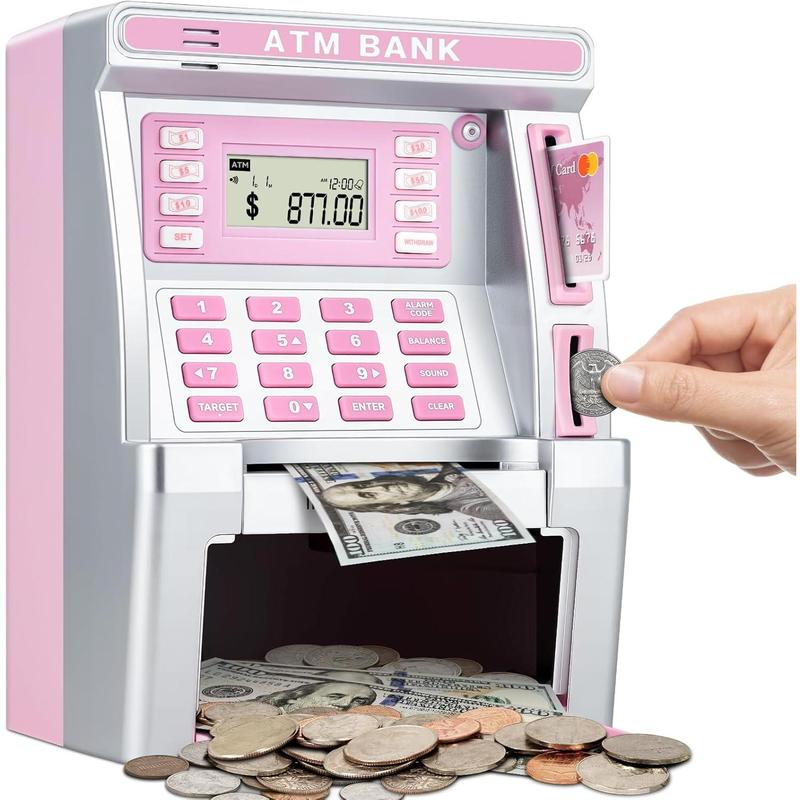 Pink Piggy Bank for Kids, ATM Machine Bank for Real Money with Debit Card, Bill Feeder, Coin Recognition, Balance Calculator, Electronic Savings Safe Box, Cool Stuff Toys Gifts for Teen Girl