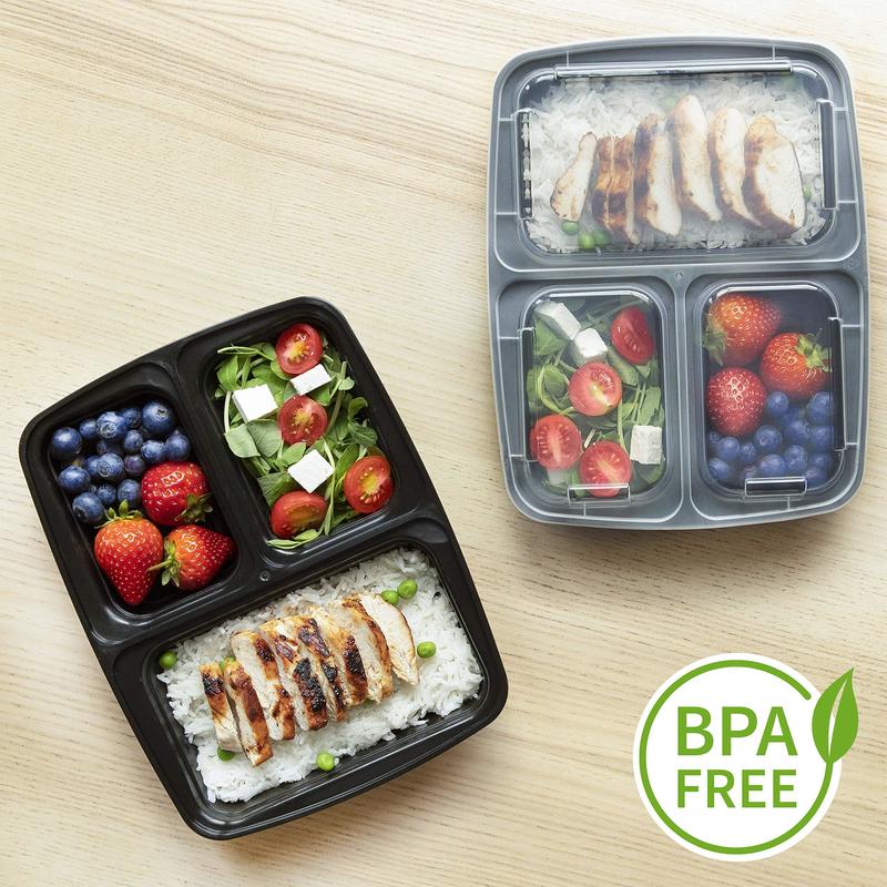 33oz Food Prep Containers [Set of 8] 3 Compartments with Lids, Food Storage Containers, Bento Boxes Lightweight, Durable, Reusable BPA Free 3 Grid Container Disposable Lunch Box - Microwave, Freezer, Dishwasher Safe - Black