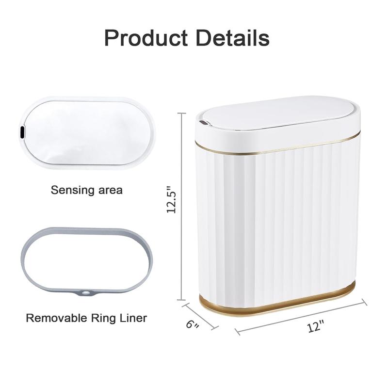 Automatic Motion Sensor Trash Can - 2 Gallon Slimline for Bathroom, Bedroom, Kitchen, Office - White with Gold Trim