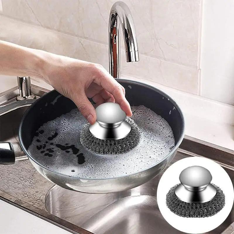 Stainless Steel Dish Scrubber, 1 Count Household Plates Pots Pans Cleaning Products, Comfortable Round Dishwashing Sponge, Kitchen Tools