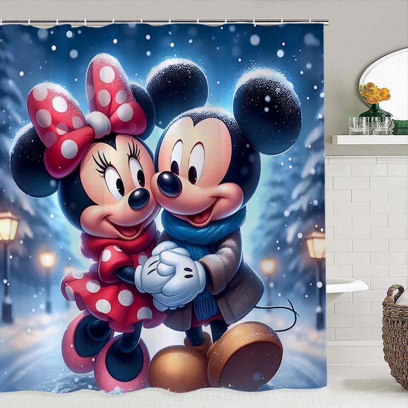 Cartoon Minnie & Mickey Pattern Shower Curtain, 1 Count Waterproof Bathroom Curtain with 12 Hooks, Bathroom Decor for Home Hotel Salon Dormitory