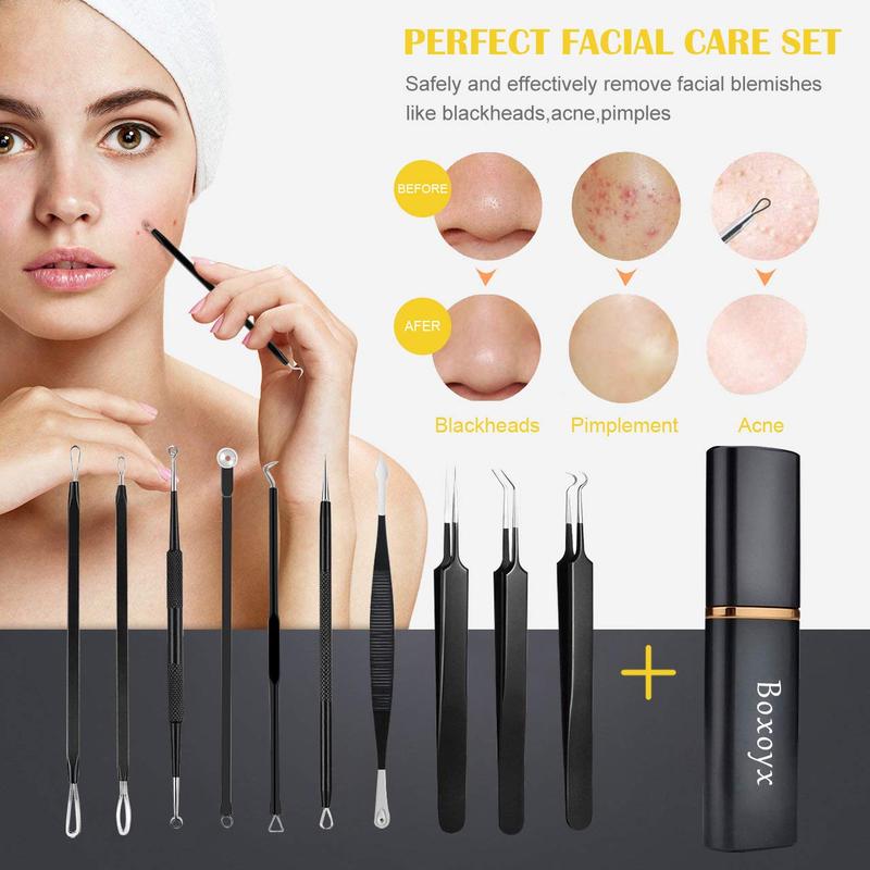 Pimple Popper Tool Kit - 10 count Blackhead Remover Comedone Extractor Kit with box for Quick and Easy Removal of Pimples, Blackheads, Zit Removing, Forehead,Facial and Nose (Black)