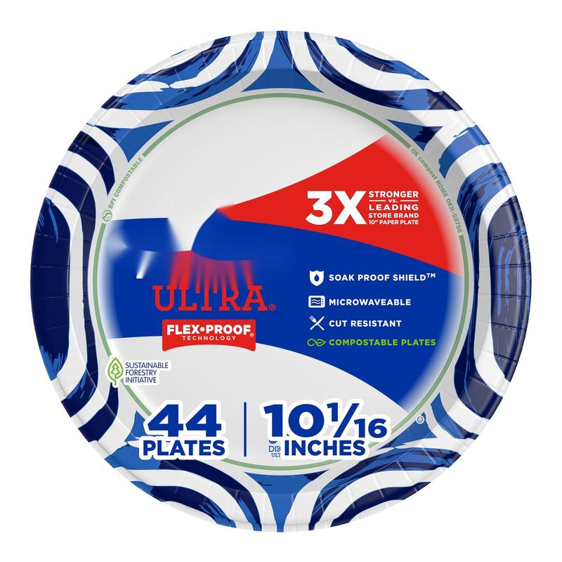 Ultra, Large Paper Plates, 10 Inch, 44 Count, 3X Stronger*, Heavy Duty, Microwave-Safe, Soak-Proof, Cut Resistant, Disposable Plates For Heavy, Messy Meals