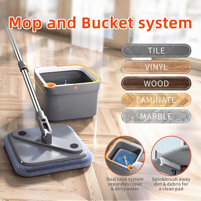 Spin Mop & Bucket Set 2Pcs with Self-Separating Dirty Water & Clean Water System, Self-Drying 360° Spin Square Mop Head for Hardwood Tile Marble Floors,Cleaning Mop after the party,adjustable hand tool,Mother's Day Gift,Free shipping!!