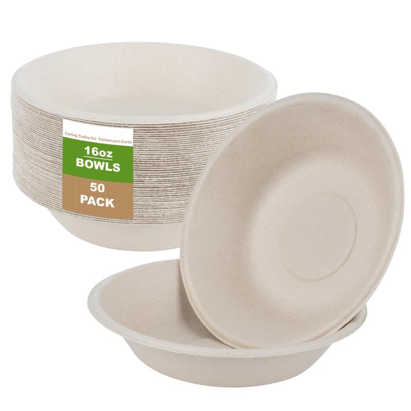 16 Oz Paper Disposable Bowls - 50-Pack of Paper Disposable Bowls, Compostable Bowls from Sugarcane - Sugarcane Bowls Bulk Pack for Party or Restaurant